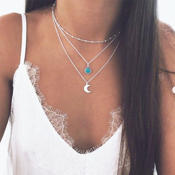 Jewelry - Boho Silver Moon Turquoise Pendant Layer Necklace